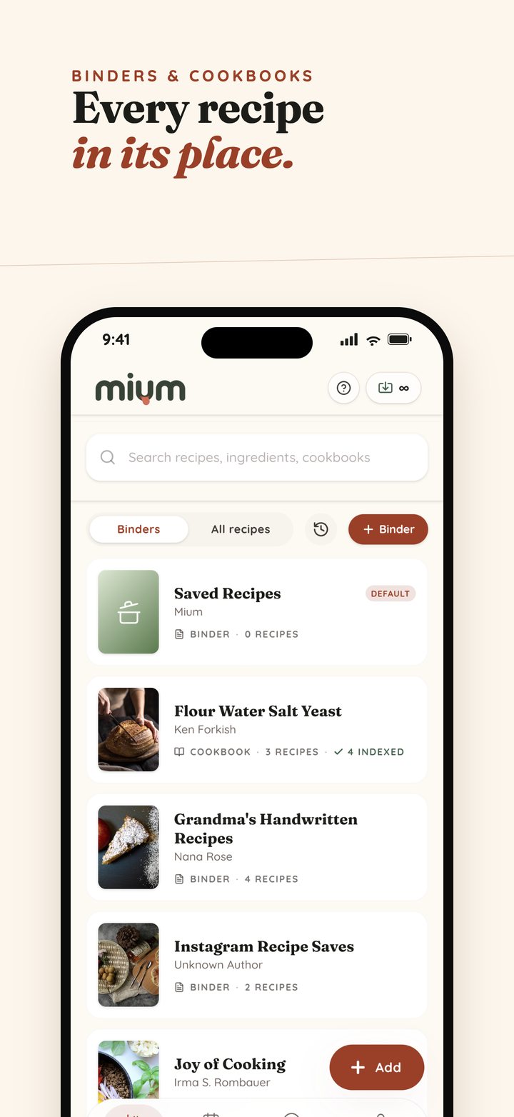 Mium library — binders for your own recipes and cookbooks for the ones on your shelf