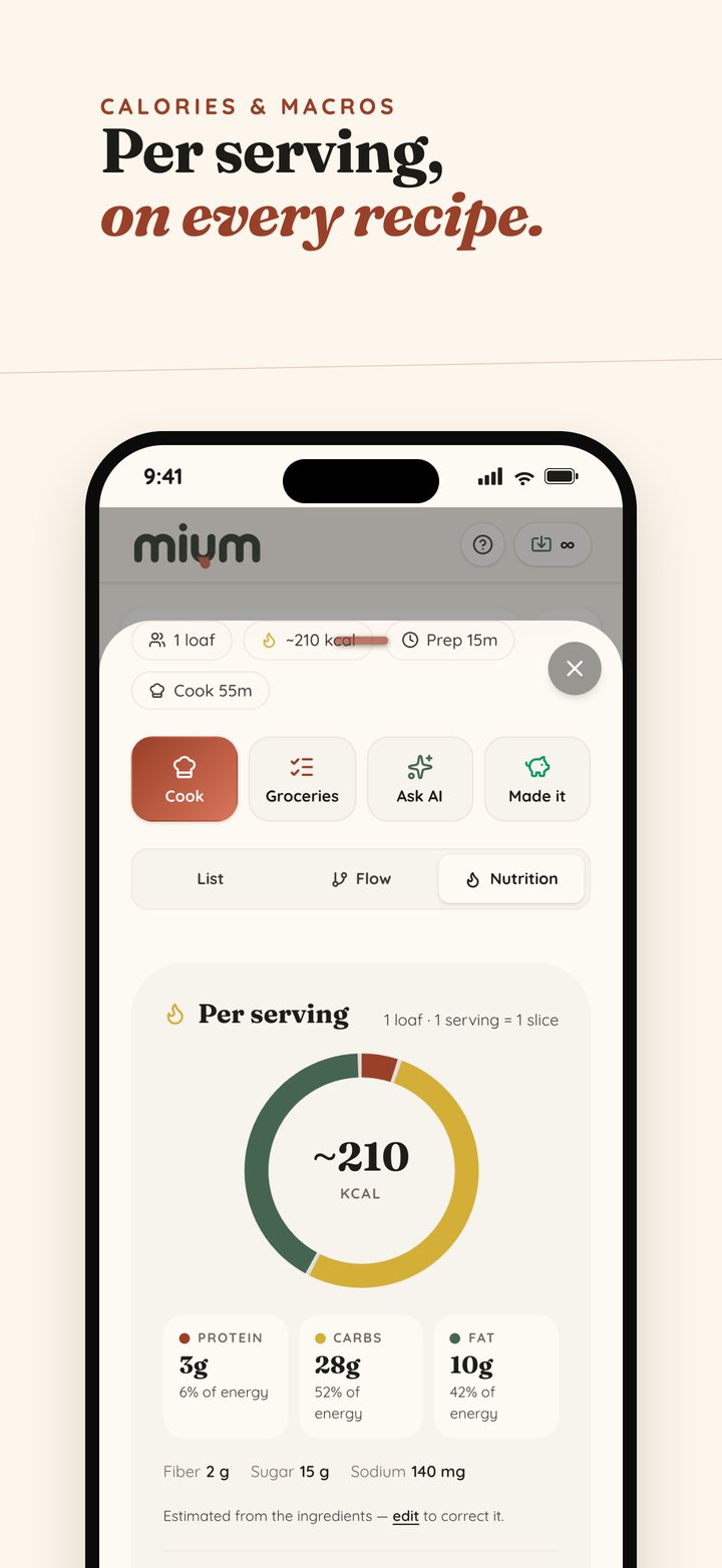 Mium nutrition view — per-serving calories with a protein, carbs and fat breakdown