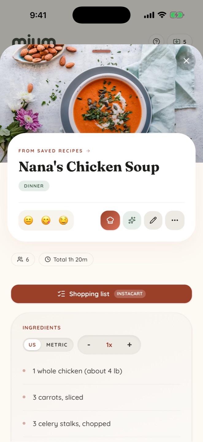 Nana's Chicken Soup saved as a real recipe in Mium, with a one-tap shopping list and Instacart button