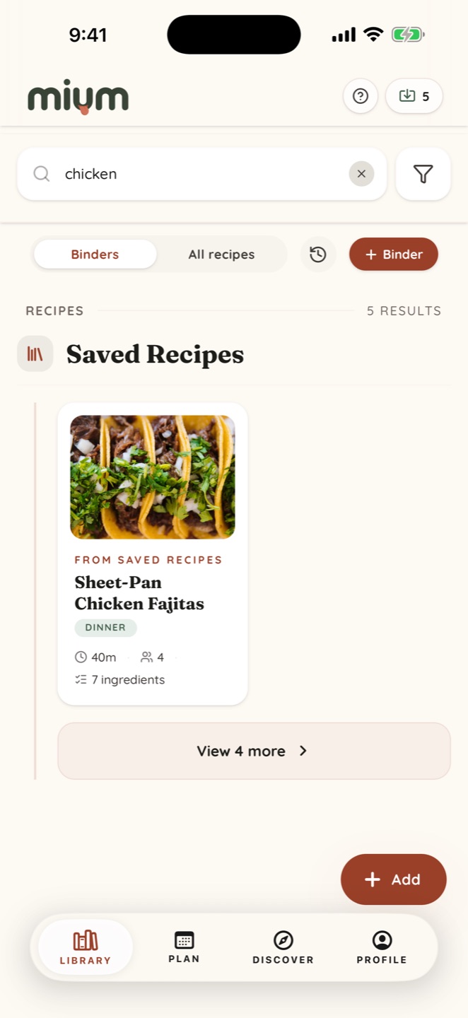 Searching 'chicken' in Mium and finding saved recipes instantly