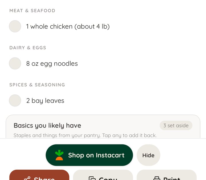 Mium's shopping list for Nana's Chicken Soup — pantry items set aside, with the Shop on Instacart button
