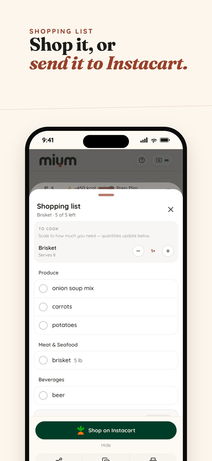 Mium's aisle-sorted shopping list with a one-tap Shop on Instacart button